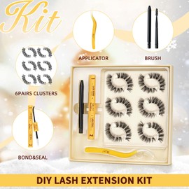 QUEWEL Cluster Lashes Kit 6 Pairs Eyelash Clusters Natural Look, DIY Lash Extension Kit with Applicator, Brush, and Bond&Seal, Cluster Lashes Kit for Gift and Personal Use(Glam 02)