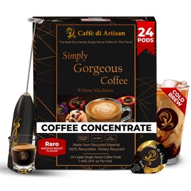 Caffè di Artisan Liquid Coffee Pods – Premium Single-Serve Coffee for Cold Brew concentrate, Iced Coffee & Hot Coffees – Machine-Free, Eco-Friendly, Ready in Seconds. Rich; Raro with Frother; Arabica; Medium Roast – 24 Count.