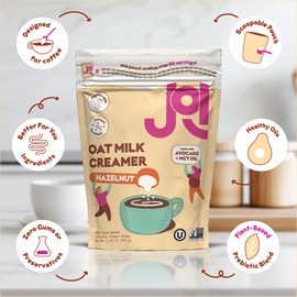 Oat Milk Coffee Creamer, Hazelnut by JOI - Makes over 50 servings. Vegan, Non-Dairy, Plant Based, Kosher, Shelf-Stable, Dairy Free, and Gluten-Free - Use for Coffee, Add to Smoothies & Tea or Make Your Own Oat Milk Creamer. Prebiotic, Superfood, Shelf-Stable, Barista, Fortified with Calcium. Only 4G of Sugar. Zero Gums, Perservatives, or Seed Oils.