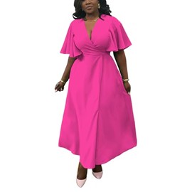 Summer Dresses for Women Semi-Formal Fit Casual Short Ruffle Sleeve V Neck Elegant Swing Split Long Maxi Dresses