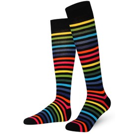 Mysocks Unisex Knee Stockings Long Socks Striped, Made of Extra Fine Combed Cotton, Seamless Toe, Soft Latex Band, New Dark Rainbow Thin