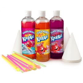 Nostalgia Kool-Aid Snow Cone Syrup Variety Pack – 3 Flavors, 16-oz Bottles: Blue Raspberry, Tropical Punch, and Grape – Paper Cups & Colored Spoon Straws – Great for Birthdays, Pool Parties, and BBQs
