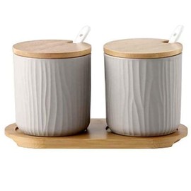MAGICVOGEL Ceramic Spice Container Salt Pepper Spice Container Sugar Bowl with Lid and Spoon Set of 2 for Kitchen and Dining Table (Grey)