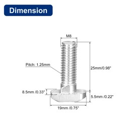 QUARKZMAN Pack of 30 Hammer Head Screws T-Nut Screws M8 x 25 mm Hammer Head Screw T-Screw Drop-in Stud for 4545 Series T-Nut Aluminium Profile, 304 Stainless Steel, Silver