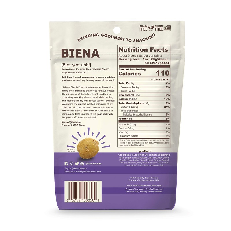 BIENA Rockin' Ranch Chickpea Snacks | Gluten Free | Vegan