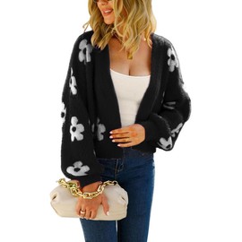 chouyatou Women's Fuzzy Daisy Printed Cropped Cardigan Open Front Jacquard Knit Sweater Tops (XX-Large, Black)