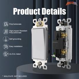 Single Pole Light Switch, Rocker Wall Light Switch, 15A 120/277V, Decorator On/Off Rocker Paddle Interrupter, UL Listed, White, 30 Pack