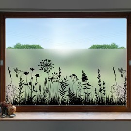 DKTIE Window Privacy Film Flowers Pure Black Stained Glass Window Film Decorative Frosted Glass Window Film Sun Blocking Heat Control Static Cling (A424-Black, 35.4in X 118.1in)