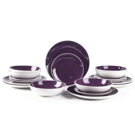 HomeVss, Stoneware Coupe Shape 18pc Dinnerware Set, Outside White + Inside Violet