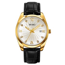 SKMEI Watches for Men Black Leather Fashion Business Dress Classic Casual Simple Analog Waterproof Elegant Dad Fathers Gifts Gold Wrist Watch