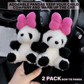 Krdrgey Panda Car Belt Cover with Secure Velcro, Cute Animal Safety Plush Seat Belt Decor for Neck Protector, Non-Fade and Medium Thickness Cover for Family - 9.8 Inch 2 Pcs (Pink Bow Panda)