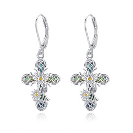 Cross Earrings 925 Sterling Silver Cross Dangle Drop Earring Gifts for Women sunflower