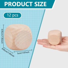 BENECREAT Pack of 12 Empty Wooden Cubes, 50 x 50 x 50 mm, Large Double-Sided Wooden Cubes with Rounded Corners, DIY Graffiti Dice for Painting, Drawing, Gluing, Stacking, Colouring