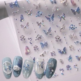 5D Butterfly Nail Stickers with 3D Pearl Design Blue White Aurora Butterfly Nail Art Decals Spring Self-Adhesive Nail Design Stickers for Women DIY Rose Flower Manicure Supplies