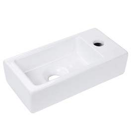 Small Wall Mount Vessel Sink, QISHKA 14.5" x7.2" Ceramic Rectangle Wall Hung Bathroom Sink Mini Wash Basin, Save Space for Narrow Bathroom (Right Hand)