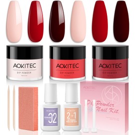 Aokitec 3 Colours Dip Powder Nail Kit - 10 PCS Pink Red Nail Dipping Powder Kit with 2-in-1 Dip Base & Top Coat Activator Basic Nail Tools for French Manicure Nail Art Starters