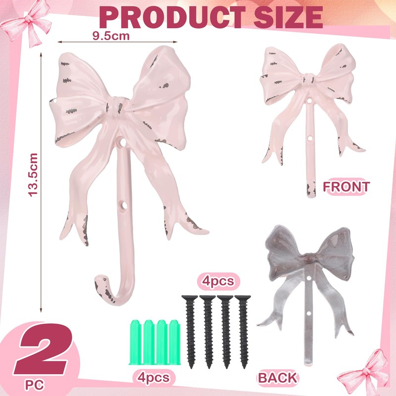 CroBlissful 2 Pcs Coquette Iron Pink Bow Hook Home Decorative