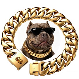 Heavy Duty Dog Collars for Large Dogs, 32mm Thick Cuban Link Chain Collar (Gold, 18" (Fits Neck 16" to 17.5"))