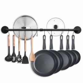 boshangjia 38.5 inch Pot Rack Wall Mounted Detachable Pan Rack Organizer Industrial Pipe Hanging Rail Lids Utensils Hanger Holder for Kitchen with 10 S Hooks, Black…