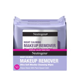 Neutrogena Night Calming Makeup Remover Face Wipes, Nighttime Cleansing Towelettes Remove Sweat, Dirt & Makeup & Calms Skin, Hypoallergenic, 100% Plant Based Cloth, Twin Pack, 2 x 25 ct