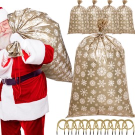 Yexiya 10PCS 56" Jumbo Christmas Gift Bags Large Christmas Plastic Drawstring Extra Large Gift Bags Snowflake Gold Gift Bag with Ribbon Cords for Christmas Decoration, Engagement Parties