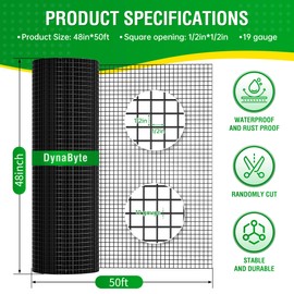 Dynabyte Hardware Cloth 1/2 inch 48 x 50 ft 19-Gauge, Black Vinyl Coated Wire Mesh Roll, Chicken Wire Fencing, Garden Fencing, Welded Wire Fence Roll, Gopher Wire, Hardware Mesh