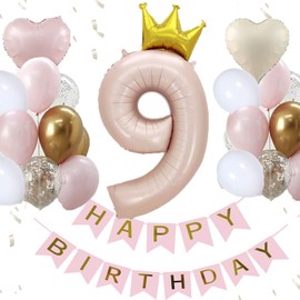 9th Birthday Decorations 40 Inch Large Number Balloons Pink Birthday Decoration Set Number Balloons with Crown Birthday Decorations (Pink, 9)