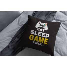 Video Game Theme Throw Pillow Case,Funny Words Eat Sleep Game Repeat Controller Decorative Pillow Covers for Gamer, Gaming Decorative Linen Square Cushion Cases for Game Room Playroom 18"x18"