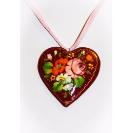 E-jules Pink Rose Dark Red Heart Hand-Painted Russian Pendant on Suede 6114