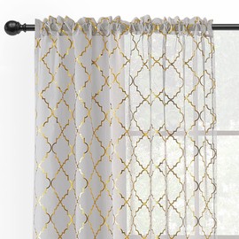 Kotile - Cortinas Transparentes Color Gris Dorado de 108 Pulgadas de Largo, 2 Paneles metálicos Extra Largos con patrón de Ogee marroquí para Sala de Estar, Cortinas de privacidad con Bolsillo para