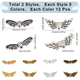 SUNNYCLUE 1 BOX 120PCS Alloy Angel Wing Beads Butterfly Beads Metal Small Tibetan Silver Gold Bronze Wings Heart Fairy Loose Spacer Beads Bulk for Jewelry Making Beading Kit Bracelets Diy Craft Supply