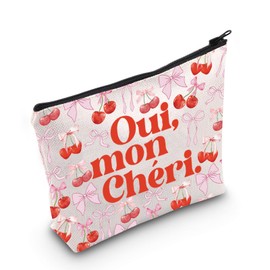 WCGXKO French Gift Oui Mon Cheri Makeup Bag French Mon Cheri Gift Cherry Pink Bow Cosmetic Bag (Oui Mon Cheri Bag)