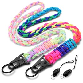 2 Set Braided Paracord Lanyard,Heavy Duty Paracord Lanyard for Keys, 550 Parachute Rope Lanyards Necklace Keychains with HK Clip Key Ring for ID Card Badge,Whistles,Camera(Light Rainbow+Deep Rainbow)
