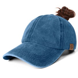 KQueenStar Ponytail Baseball Cap Women - Adjustable Womens Ball Caps Vintage Washed Ponytail Hat Maple Leaf Women Caps Blue