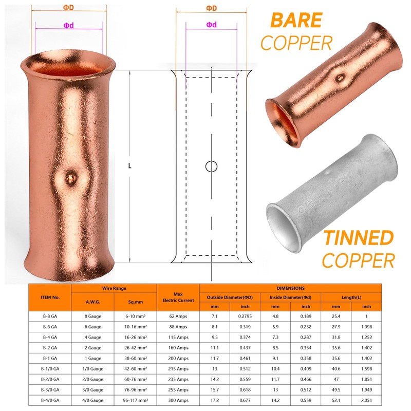 SVAAR 0000 Gauge Flared Barrel Butt Splice Connectors Kit 6PCS