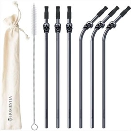 Homestia Skull Metal Straws for 30 oz Tumbler Cup, 6 Pcs10'' Reusable Long Stainless Steel Straws with Silicone Tips for Smoothies, Milkshakes with Cleaning Brush and Carry bag (Black)