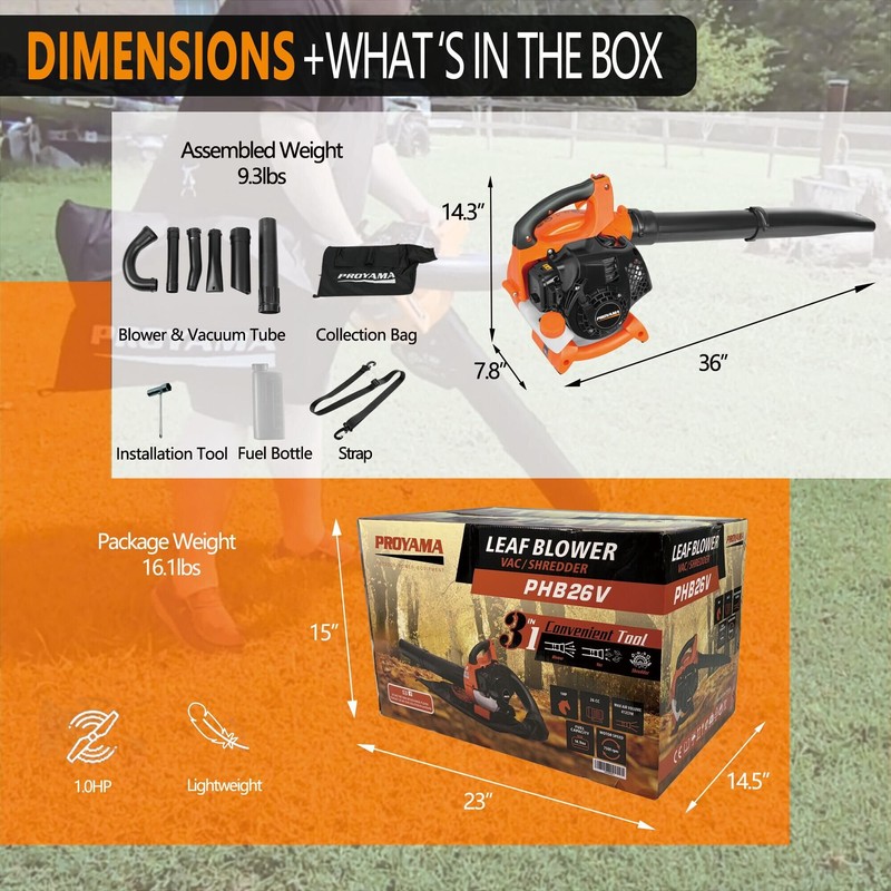 PROYAMA Gas Powered Leaf Blower, 3-in-1 26cc 2-Cycle Handheld Leaf