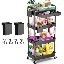 Goovilla 4 Tier Rolling Utility Cart Organizer with Removable Drawer, Stable and Sturdy Black Rolling Storage Carts with 2 Lockable Wheels for Bathroom, Kitchen, Snack, Craft, Makeup, Baby Essentials