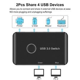USB 3.0 Switch, ABLEWE USB Switcher 2 Computers Sharing 4 USB Devices KVM Switcher Box for PC, Printer, Scanner, Mouse, Keyboard with 2 Pack USB Cable(Compatible with Mac/Windows/Linux)