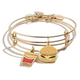 Alex and Ani Food Expandable Bangle for Women, Hamburger and Fry Charm, Shiny Gold Finish, 2 to 3.5 in, Set of 2