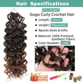 New Gogo Curl Crochet Hair Pre Looped 8 Packs Pre Twisted Curly Crochet Hair for Black Women Beach Curl Wave Crochet Synthetic Hair Extensions (10 Inch (Pack of 8) T30#）