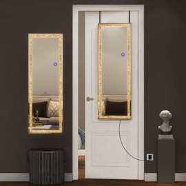 GlasFlength Door Mirror Full Length, 51"x18" LED Mirror Full Length, Diamond Mirror with Lights, Crystal Mirror Wall Mounted, LED Over The Door Full Body Mirror with Dimming & 3 Color Modes