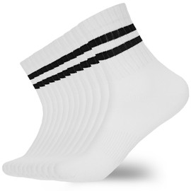 WANZHIHUI 6 Pairs Mens White Stripes Socks Crew Half Calf Socks Athletic Sports Running Socks for Men Women Teens (Cotton, white x6)