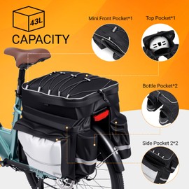 MAXFOOT Bike Bag Waterproof Panniers with Reflective Strip for Bicycle and Electric Bikes Rear Rack, 43L Capacity, 8 Pockets, Additional Detachable Rain Cover, Black