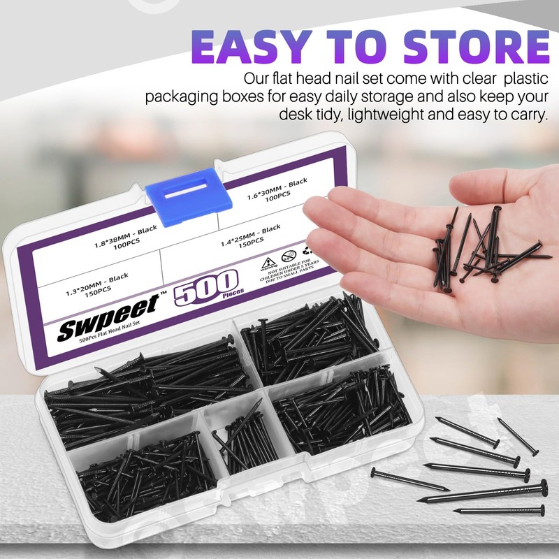 Swpeet 500Pcs 4 Sizes Hardware Nails Assortment Kit, Black Galvanized
