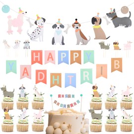 Dog Themed Banner Happy Birthday Banner Dog Birthday Decorations, 12 Pcs Dog Cupcake Toppers Puppy Party Decorations for Dog Lover