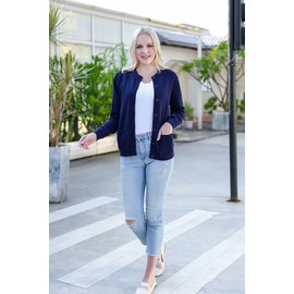 SMILING PINKER Women Crew Neck Cardigan Medium Weight Button UP Sweater Top with Pockets(Navy Blue,XX-Large)