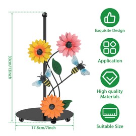 Kitchen Roll Holder Sunflower Paper Towel Holder Free Standing Black Iron Kitchen Towel Stand Non Slip Countertop Organizer Vintage Farmhouse Home Decor(Bee)