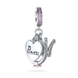 Princess Heart Crown Ring Pink Crystal Bail 3 Dangle Charm Bead For Women .925 Sterling Silver Fits European Bracelet