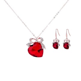 Red Heart Shaped Crystal Necklace Earrings Set for Women Rose Gold Gemstone Love Heart Bowknot Pendant Necklace Sparkly Rhinestone Bow Dangle Earrings for Wedding Bridal Gift (blue)